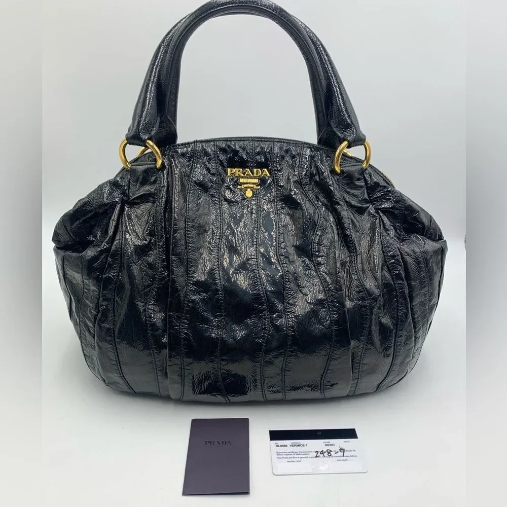 Auth Prada Black Patent Leather Whipstitch Tonal Stripe Satchel Lightweight